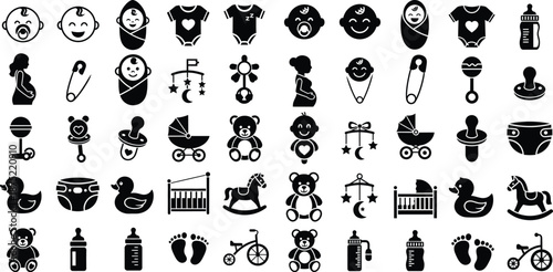 A comprehensive collection of various baby and newborn related icons featuring essential care items and childrens toys
