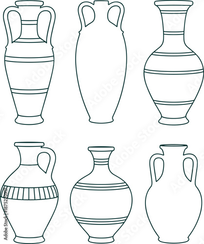 Ancient ceramic vases illustration collection, Greek and Roman pottery styles, vintage amphora jars, decorative historical art isolated background