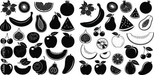 A diverse assortment of common fruit silhouettes, including whole and sliced varieties, presented for healthy eating concepts