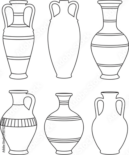 Ancient ceramic vases illustration collection, Greek and Roman pottery styles, vintage amphora jars, decorative historical art isolated background