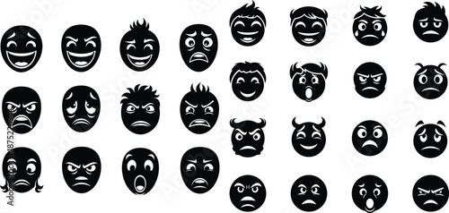 A diverse range of human facial expression silhouettes, representing various emotions for communication and avatar designs