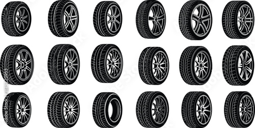 A set of automotive wheels with various tire tread patterns and distinct rim designs displayed as silhouettes