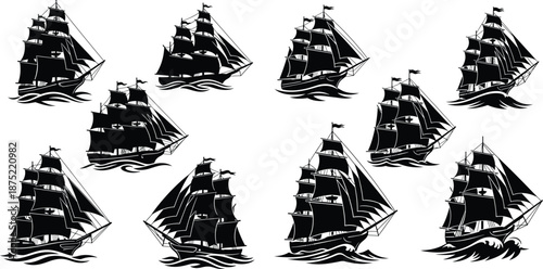 A set of classic tall ship silhouettes with billowing sails, depicting historical ocean exploration and maritime adventure