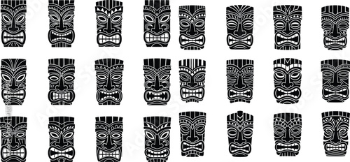 A varied collection of traditional Tiki masks featuring tribal patterns and stylized facial expressions in silhouette