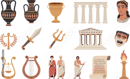 Ancient Greek culture illustration set, with pottery temples columns mythology theater symbols classical art icons vector design collection history archaeology