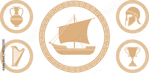 Ancient Greek symbols illustration with sailing ship, pottery, helmet, harp, trophy, classical mythology icons in circular ornamental frames