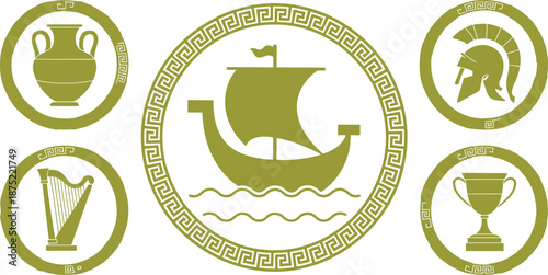 Ancient Greek symbols illustration with sailing ship, pottery, helmet, harp, trophy, classical mythology icons in circular ornamental frames
