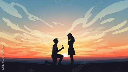 Man Proposing to Woman on One Knee at Sunset Silhouette