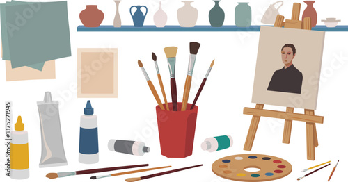 Art studio illustration with painting tools, brushes, color palette, easel portrait