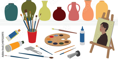 Art studio illustration with painting tools, brushes, color palette, easel portrait