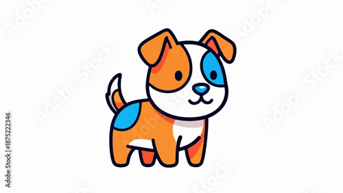 A charming, cartoon-style dog with orange, white, and blue patches stands on four legs