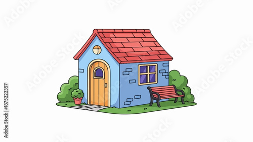 A charming, cartoon-style dwelling with a red tiled roof, blue walls, and a wooden door