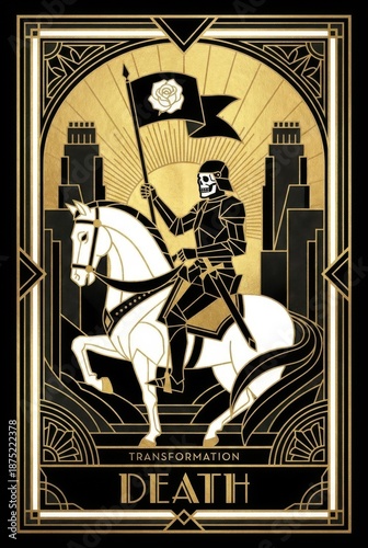 Dramatic Skeleton Rider Holding Flag in Golden Art Deco Style