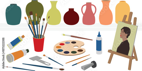 Art studio illustration with painting tools, brushes, color palette, easel portrait
