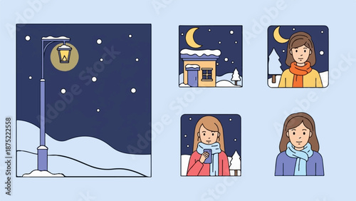 A charming winter scene unfolds with a lamp post, a cozy house, and three women in warm attire