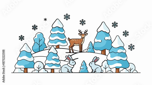 A charming winter scene with snow-covered trees, a deer, and two rabbits