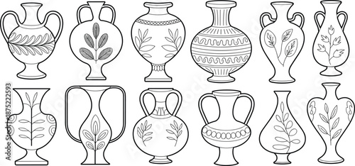 Collection of elegant ceramic vases and urns, minimalist pottery designs, decorative art, 3D rendered home decor objects isolated white background