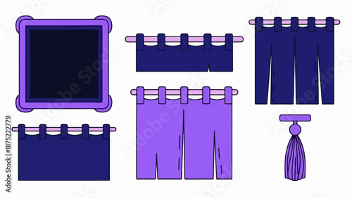 A collection of stylized fabric drapes and a frame, presented in purple and blue hues on a white background