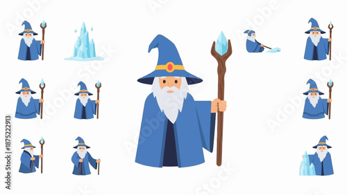 A collection of wizard illustrations with magical staffs and ice elements