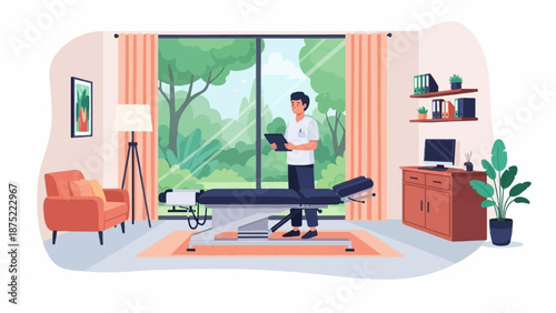 A chiropractor stands in his clinic, holding a tablet, with a treatment table, chair, and plants nearby