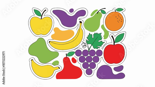 A colorful arrangement of stylized fruits and abstract shapes creates a vibrant, playful composition