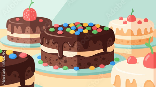A colorful assortment of delicious layered cakes with drippy chocolate frosting, candies, and cherries