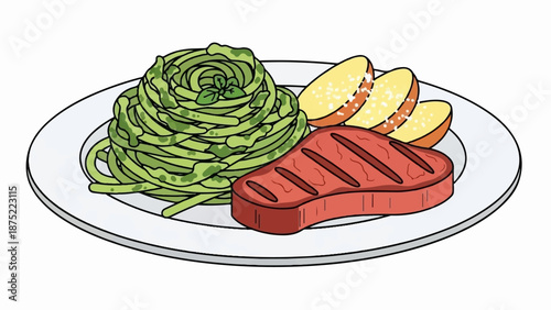 A colorful cartoon illustration depicts a meal on a white plate, featuring a steak, pasta, and potato slices
