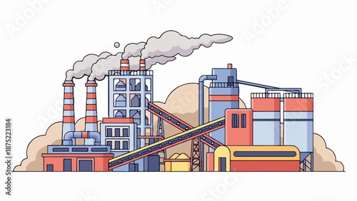 A colorful, cartoon-style illustration of an industrial factory complex with smokestacks emitting clouds of smoke