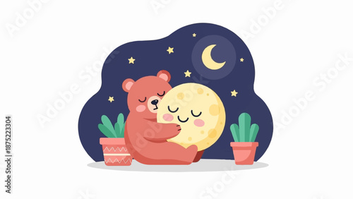 A cuddly bear embraces the smiling moon under a starry night sky