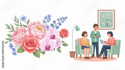 A colorful floral arrangement and a group of people in a living room setting