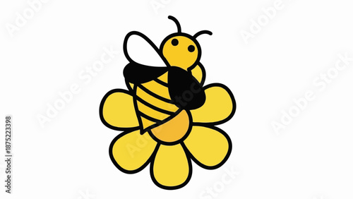 A cute, cartoon bee rests on a bright yellow flower with six petals