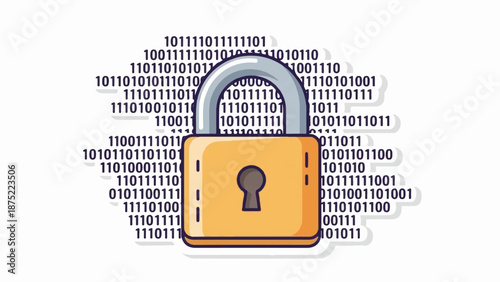A graphic of a yellow padlock surrounded by binary code