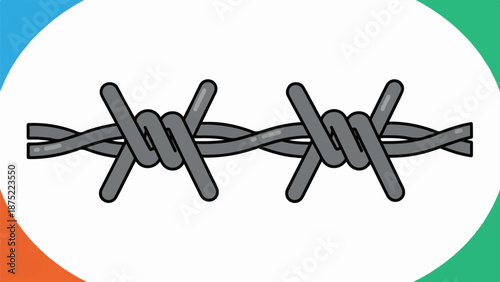 A gray barbed wire fence segment with sharp points, set against a white background with curved blue, orange, and green shapes