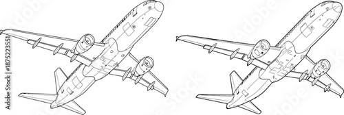 Detailed outline technical drawings of two passenger aircraft in flight, ideal for aviation and engineering designs