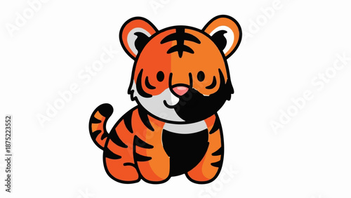 A cute cartoon tiger with black stripes and orange fur sits on a white background