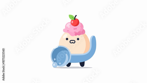 A cute, cartoonish dessert character, like an ice cream cone with a cherry, rolling on a blue spherical base
