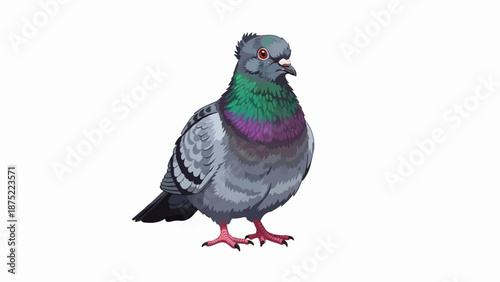 A gray pigeon with iridescent green and purple neck feathers stands on pink feet against a white background