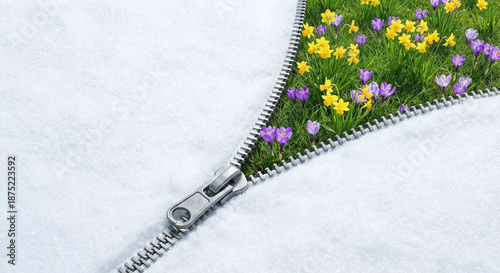 A silver metal zipper unzipping a white snowy winter layer to reveal a fresh green spring meadow with blooming yellow daffodils and purple crocuses, surreal stillness