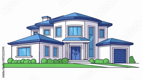 A large, modern house with blue roof and white walls, featuring a garage