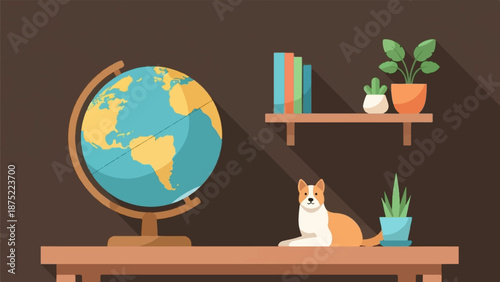 A cute dog rests on a table beside a globe and potted plants