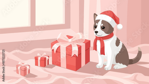 A cute dog wearing a Santa hat and scarf sits by red Christmas presents near a window