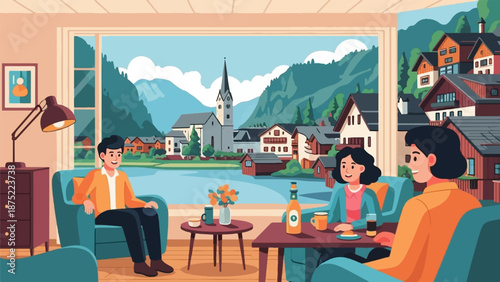 A family enjoys a picturesque village view from their cozy home