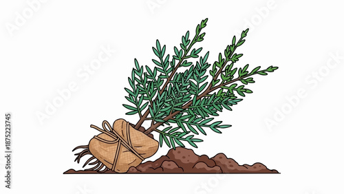 A green, leafy seedling wrapped in burlap and twine, ready for planting in soil