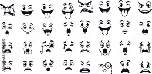 Diverse collection of cartoon face emoticons displaying various human expressions, perfect for digital communication and reactions