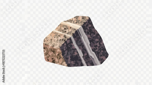 A layered rock sample with speckled brown and dark grey textures, featuring bands of white