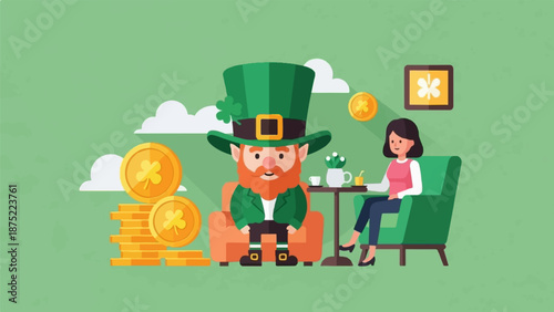 A leprechaun and woman sit with gold coins and shamrocks