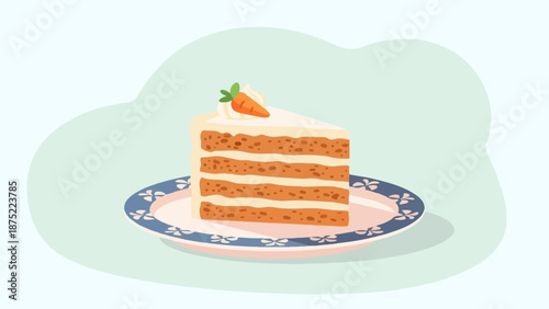 A layered slice of cake with cream frosting, adorned with a small carrot decoration, rests on a decorative plate