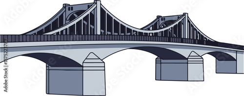A grey, graphic-style suspension bridge with multiple arched spans and a wide deck