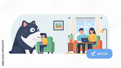 A family enjoys time together indoors, with a dog, a girl on a tablet, and parents on a laptop