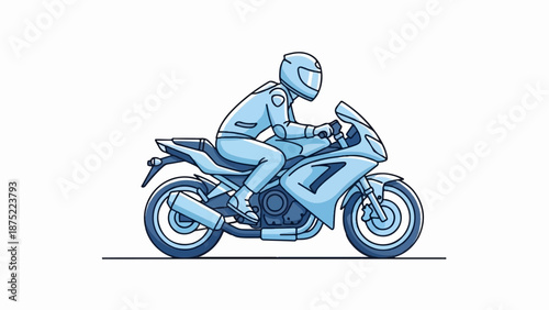 A light blue cartoon motorcycle rider in a matching suit on a white background